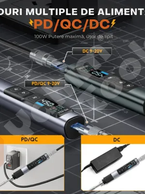 Stație de lipit FNIRSI HS-02B Max, 100W, USB-C, cu trusă și 3 vârfuri, încălzire rapidă